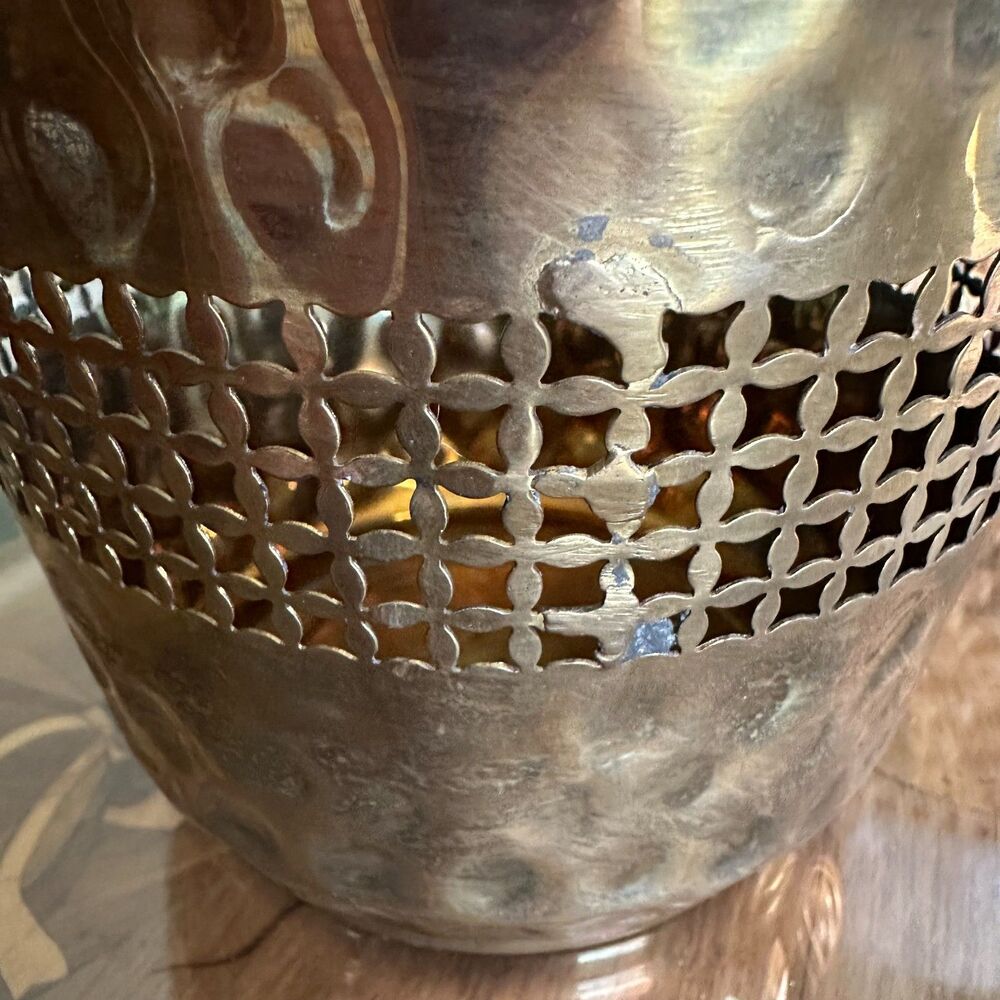 Vintage Hammered Brass Reticulated Planter Cachepot, MCM Decorative Storage - Picture 9 of 11